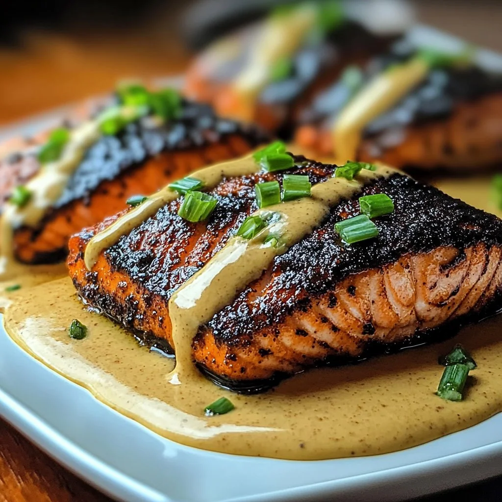 Plate of blackened salmon topped with Dijon cream sauce and garnished with herbs