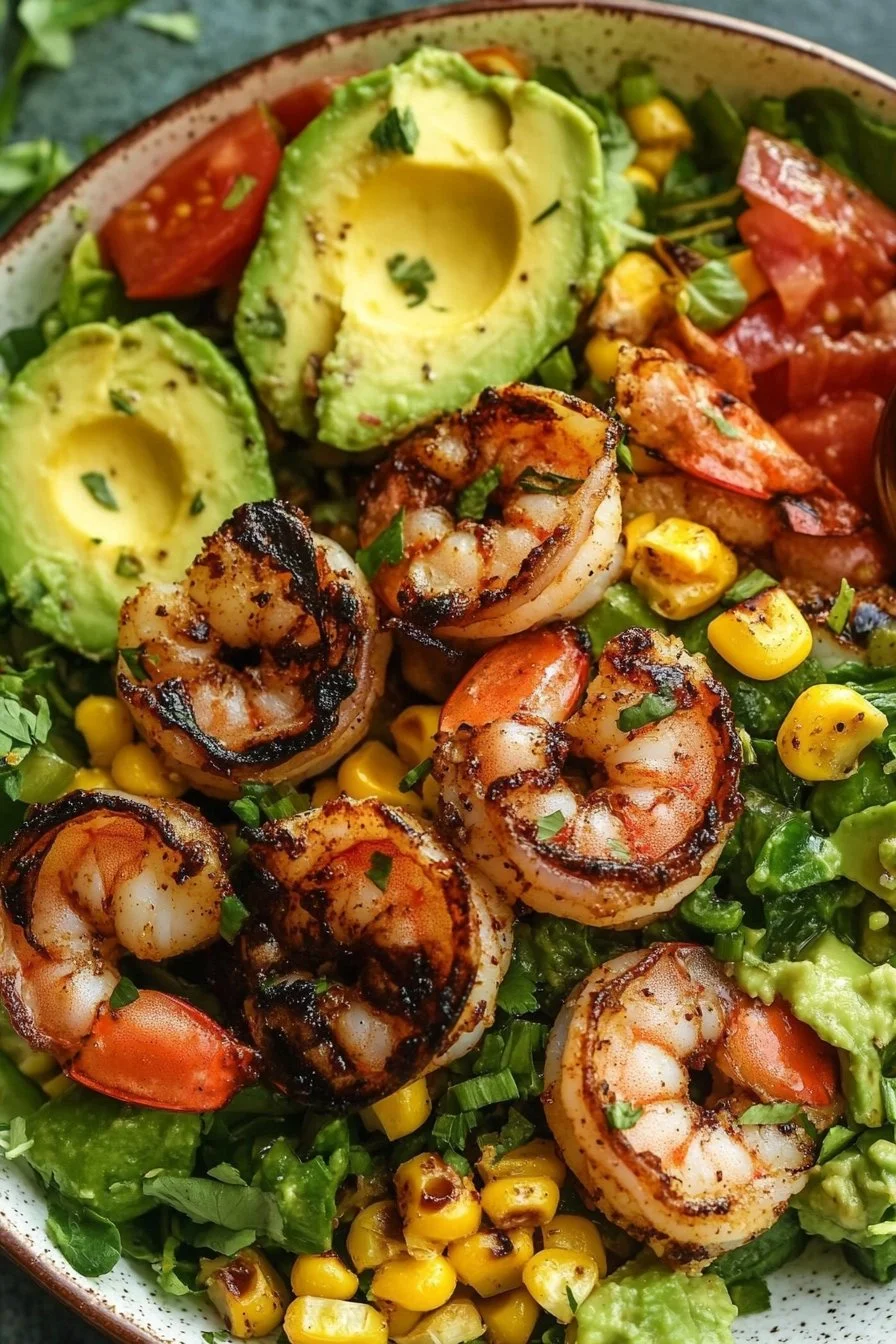 Blackened Shrimp and Grilled Corn Salad with Avocado Ranch