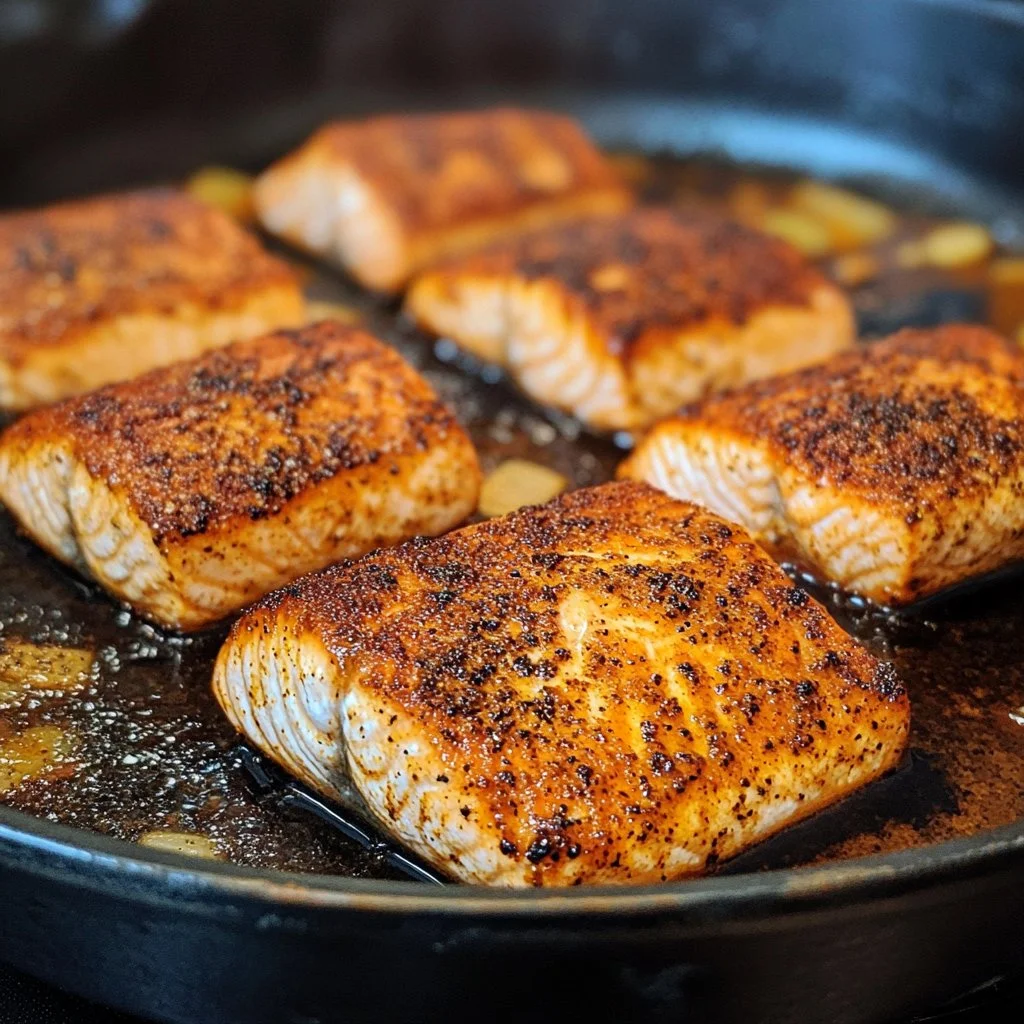 Grilled blackened salmon with spices served on a plate