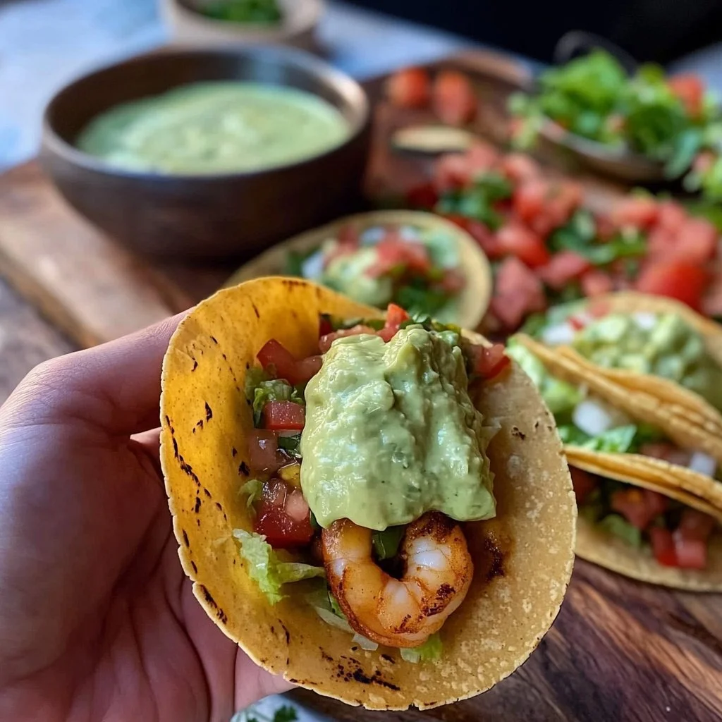 Delicious bronzed shrimp tacos served with fresh toppings.