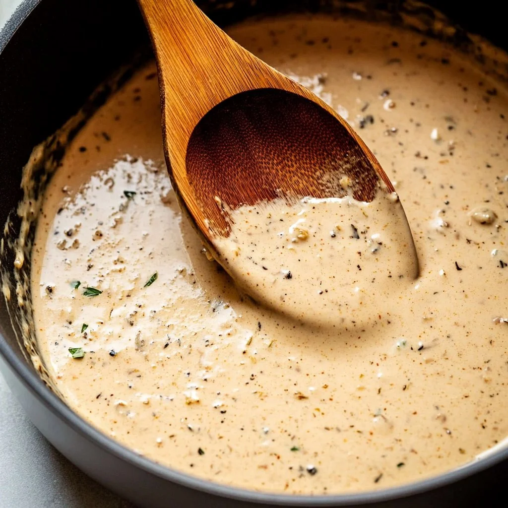 Creamy Cajun sauce drizzled over pasta with spices and herbs