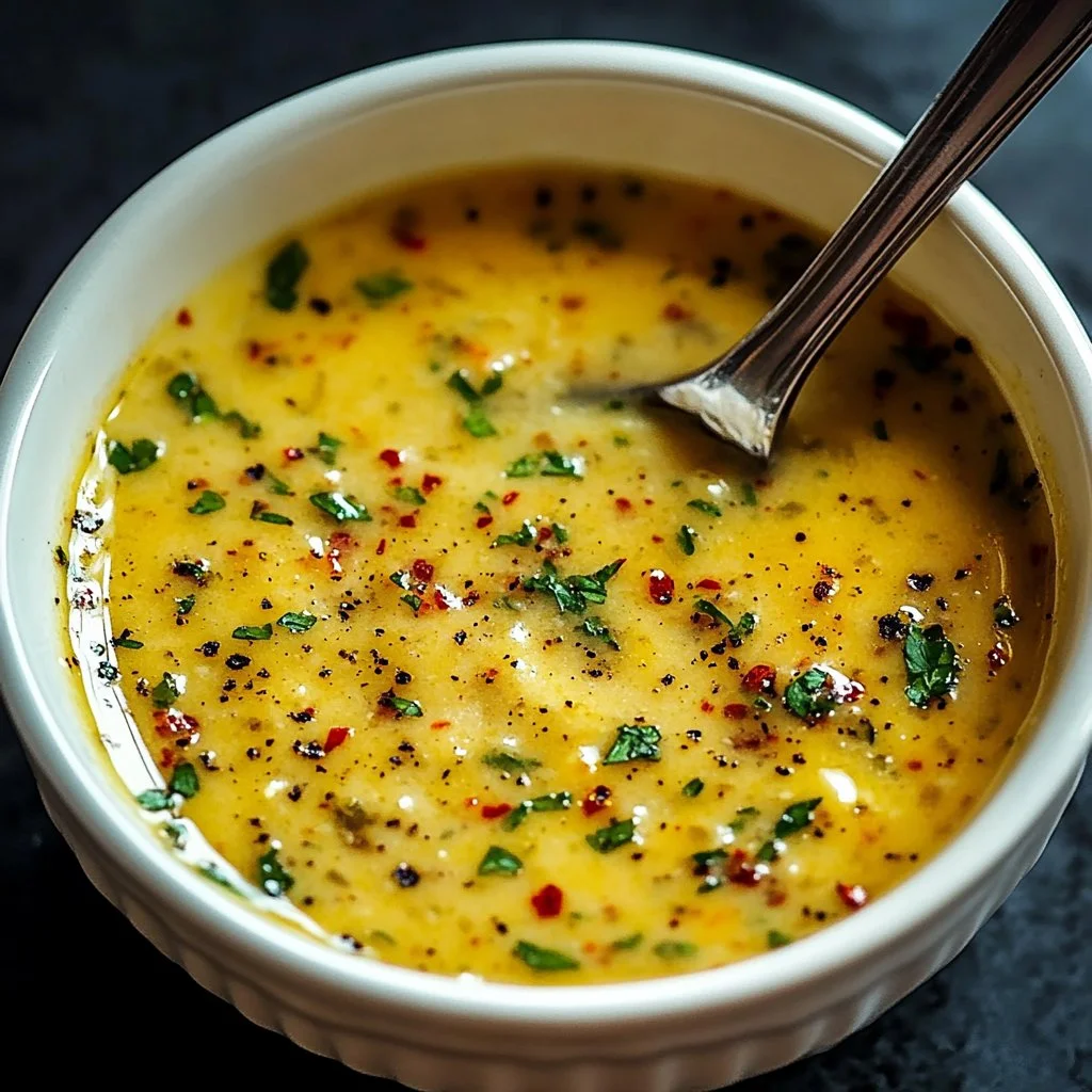Homemade Cajun garlic butter sauce in a bowl, garnished with herbs.