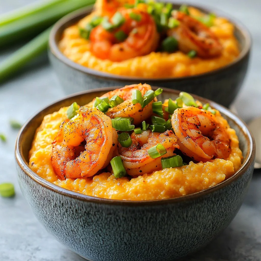 Delicious Cajun Shrimp and Grits served with spices and herbs