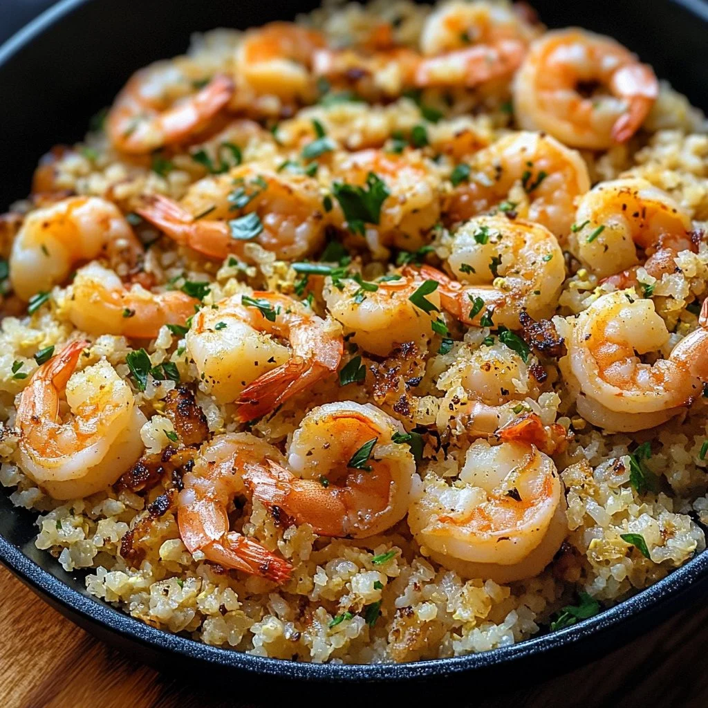 Delicious plate of cauliflower fried rice with shrimp garnished with green onions