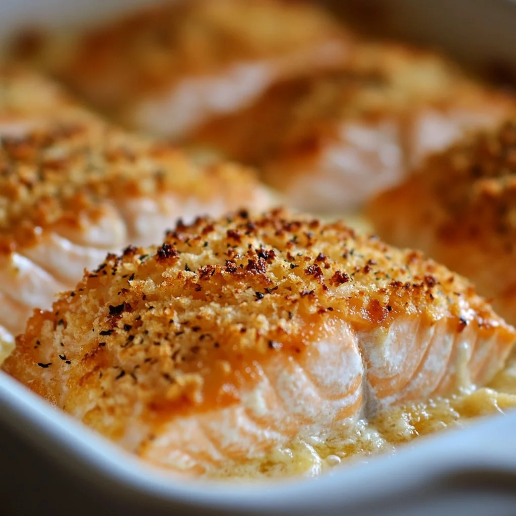 Baked Parmesan Crusted Salmon with cheesy topping and herbs