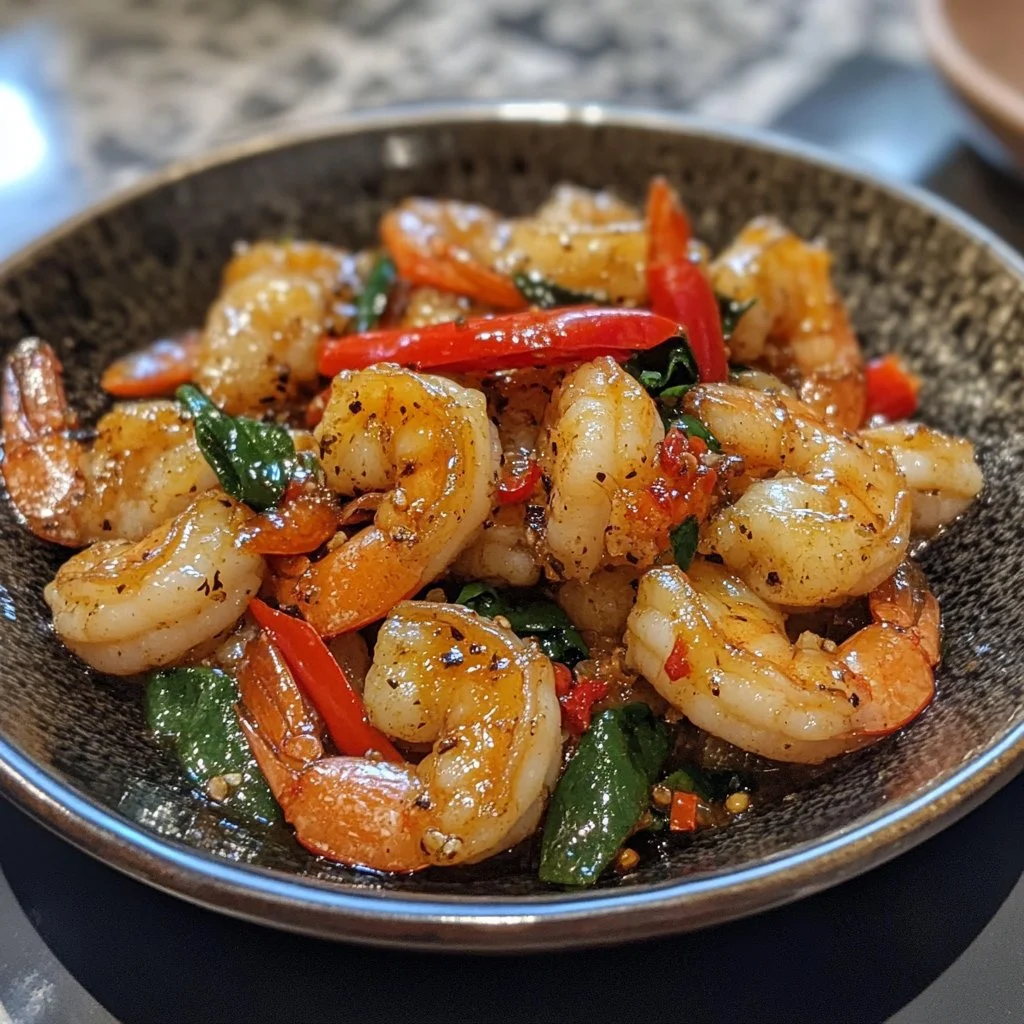 A plate of Chinese salt and pepper prawns garnished with herbs and spices