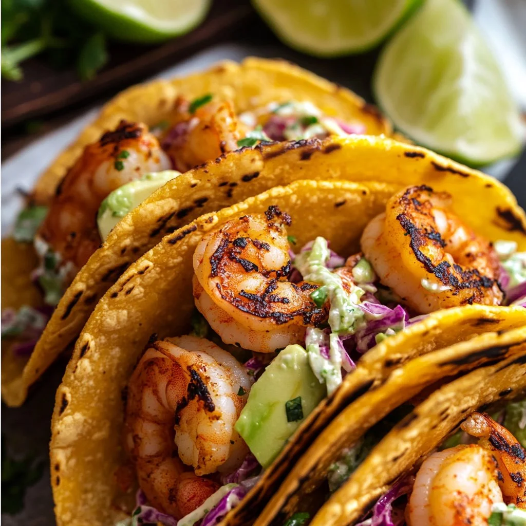 Cilantro lime shrimp tacos topped with creamy slaw served on a plate