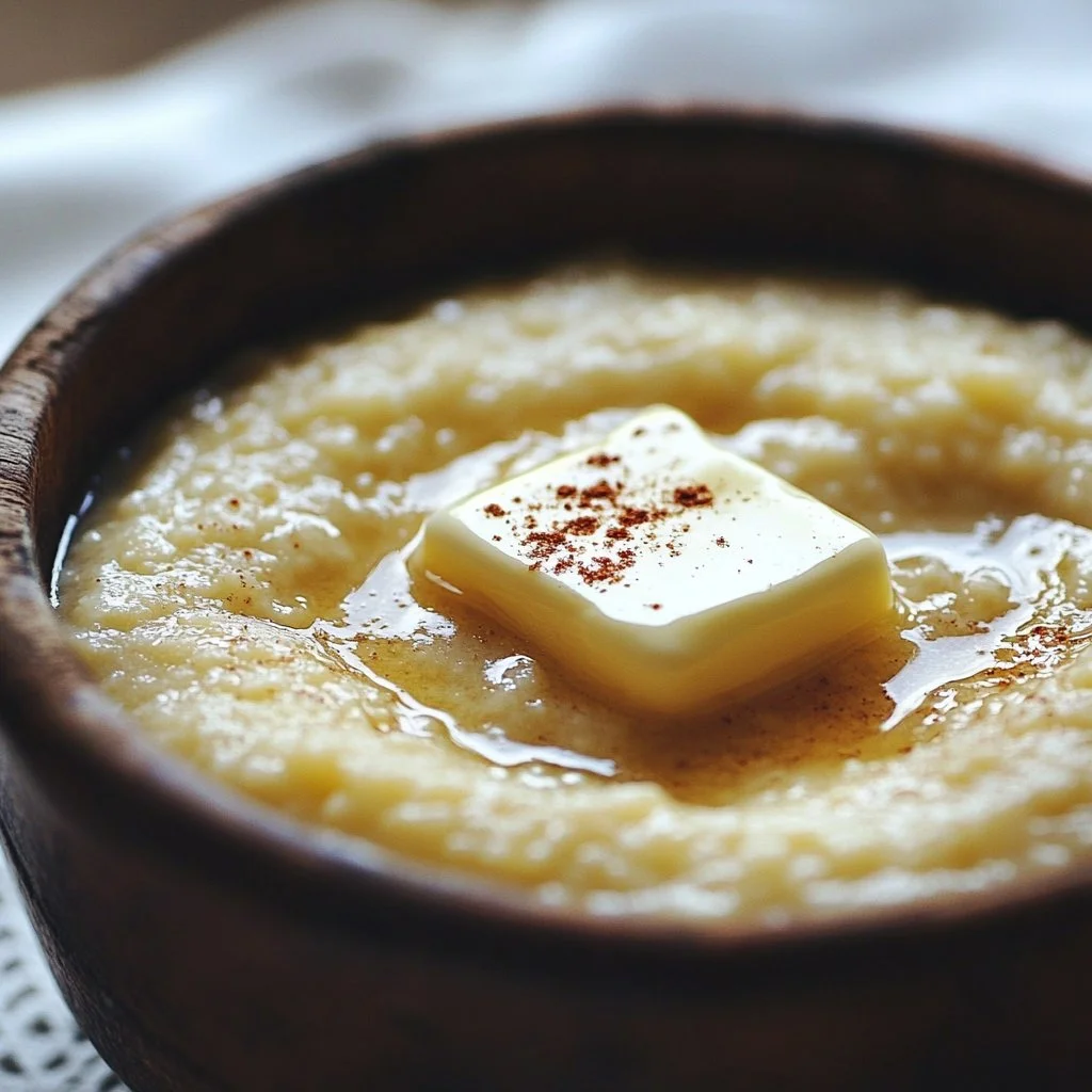 Bowl of classic creamy grits topped with butter and herbs