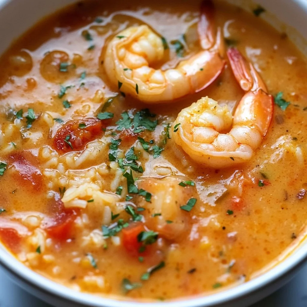 Bowl of Coconut Curry Shrimp Soup garnished with herbs and spices