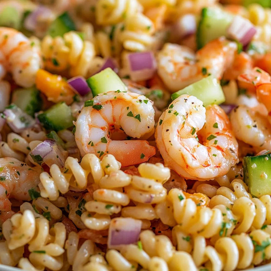 Delicious cold shrimp pasta salad with colorful vegetables