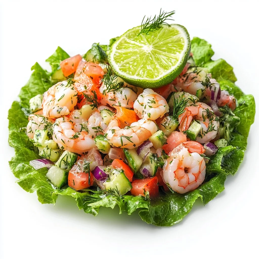 A vibrant cold shrimp salad with fresh vegetables and dressing