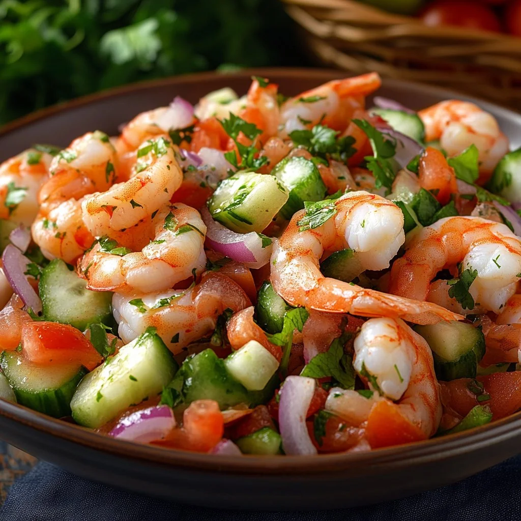 Delicious cooked shrimp ceviche served with fresh ingredients and vibrant colors.