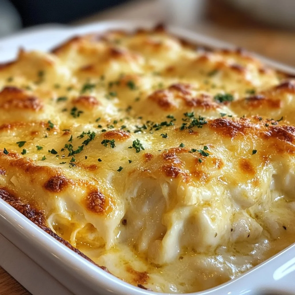 Delicious crab casserole dish with creamy topping and fresh crab meat.