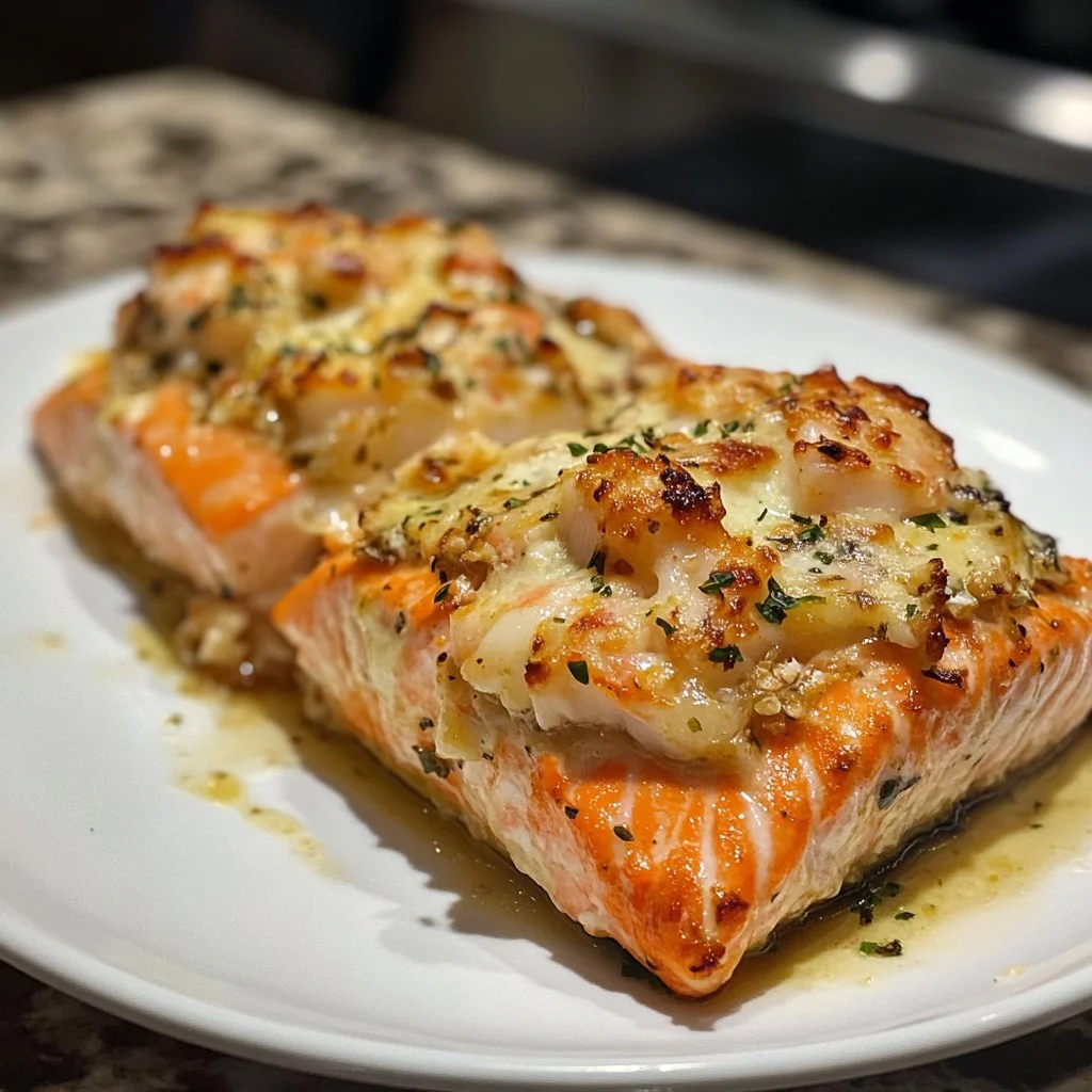 Plate of crab and shrimp stuffed salmon garnished with herbs