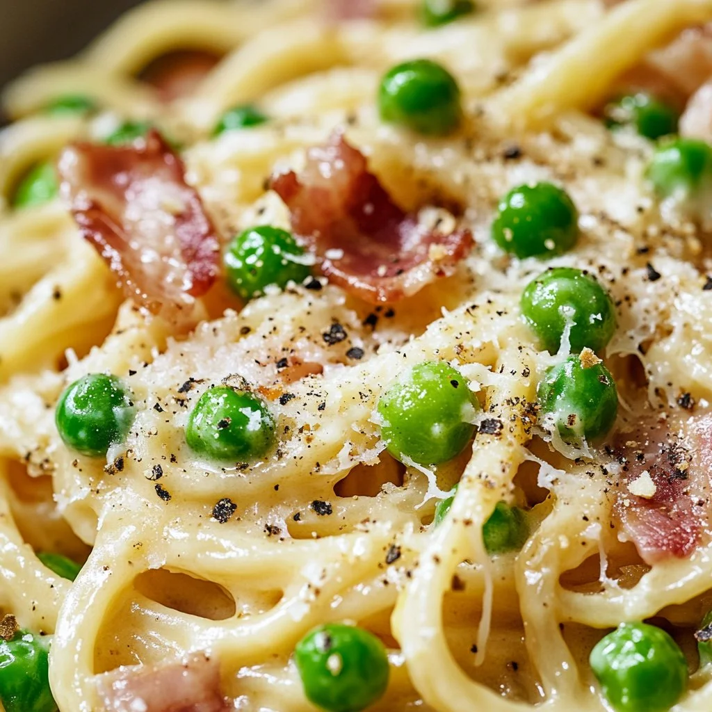 Creamy bacon and pea carbonara served in a bowl