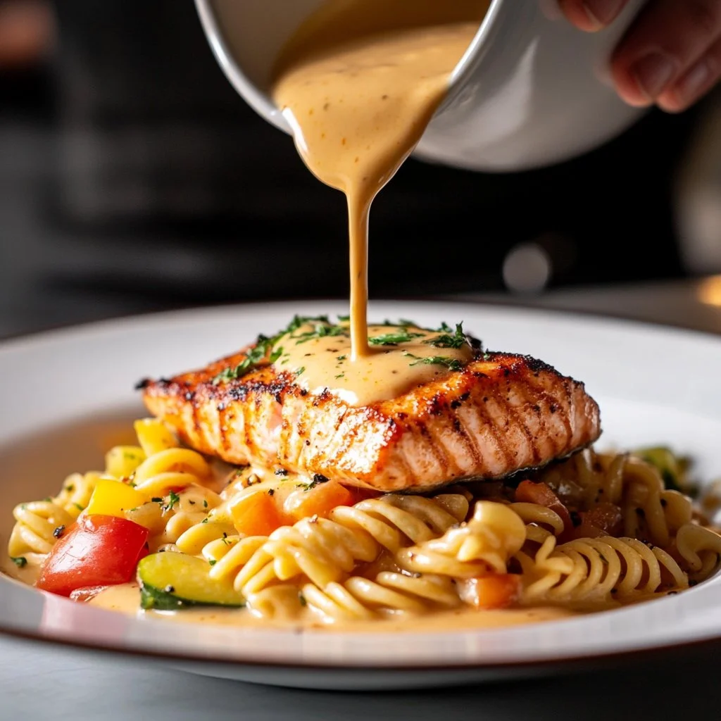 Creamy Cajun salmon pasta dish with herbs and spices on a plate