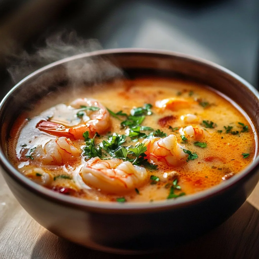 Bowl of creamy crab and shrimp seafood bisque garnished with fresh herbs