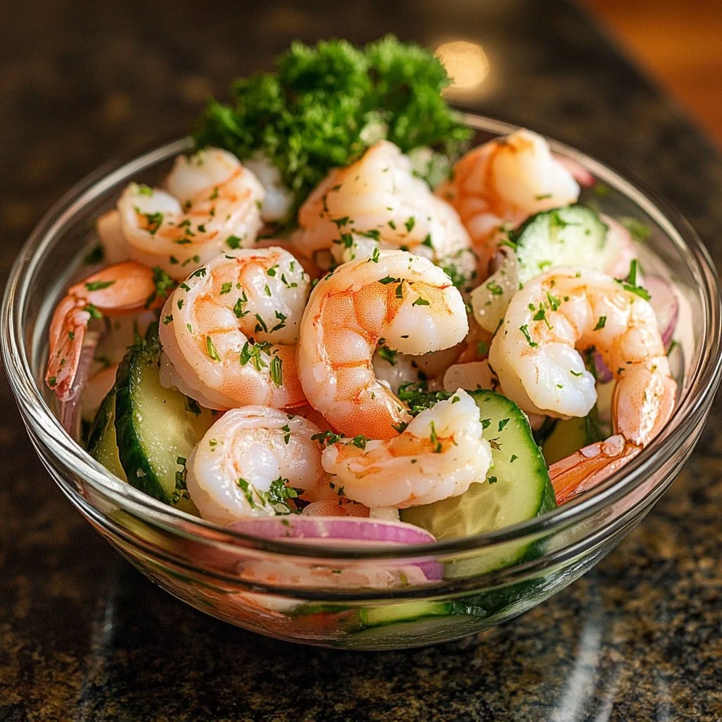 Creamy Cucumber Shrimp Salad with fresh ingredients in a bowl