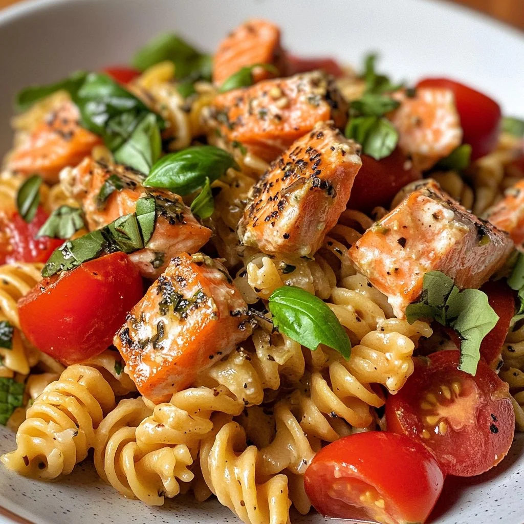 Creamy feta salmon pasta garnished with herbs and lemon slices