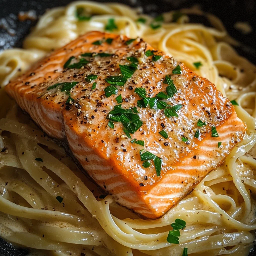 Creamy garlic salmon pasta dish with herbs and parmesan on a plate