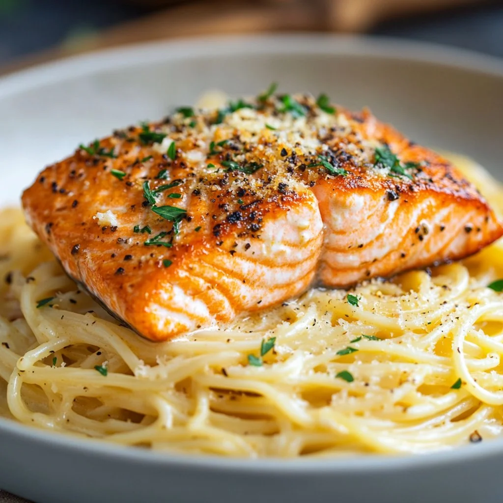 Creamy garlic salmon pasta served in a bowl, garnished with herbs.