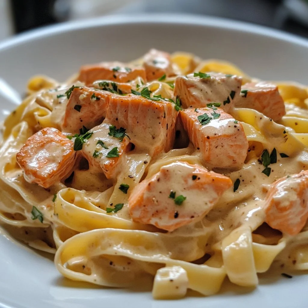 Creamy garlic salmon pasta served in a bowl, garnished with parsley.