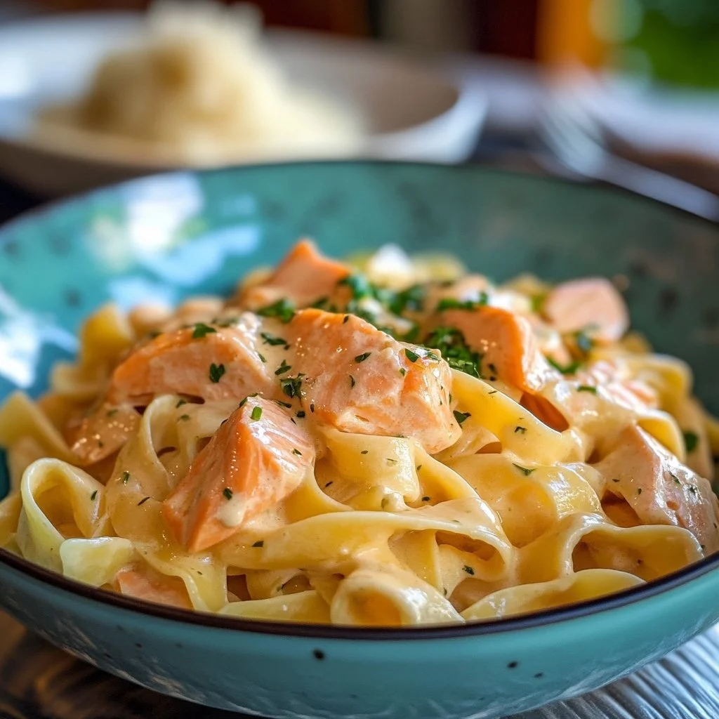 Creamy garlic salmon pasta dish with herbs and parmesan cheese on a plate.