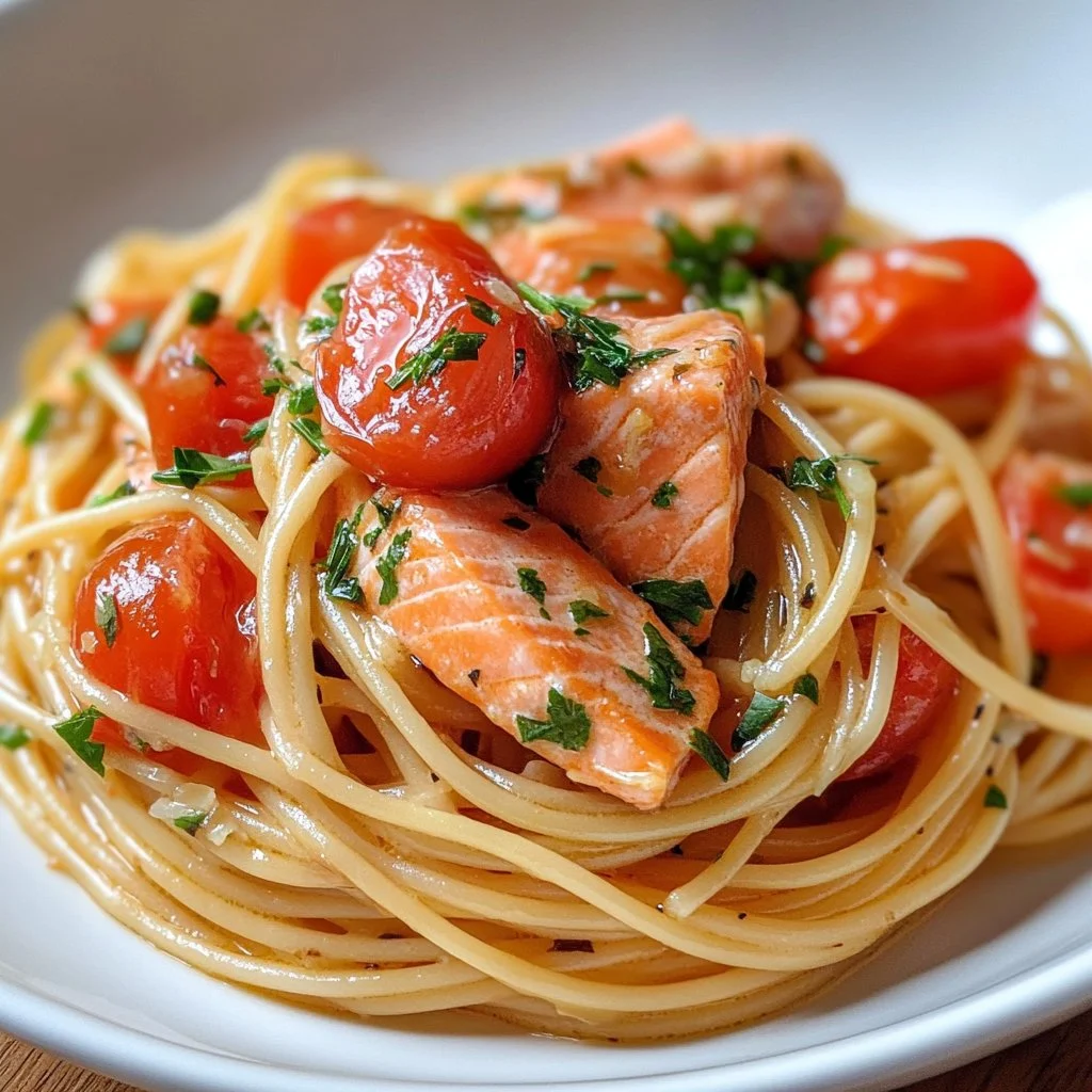Creamy lemon and fresh tomato salmon pasta dish garnished with herbs