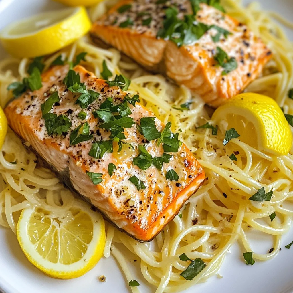 Creamy lemon garlic salmon pasta served in a bowl, garnished with parsley.
