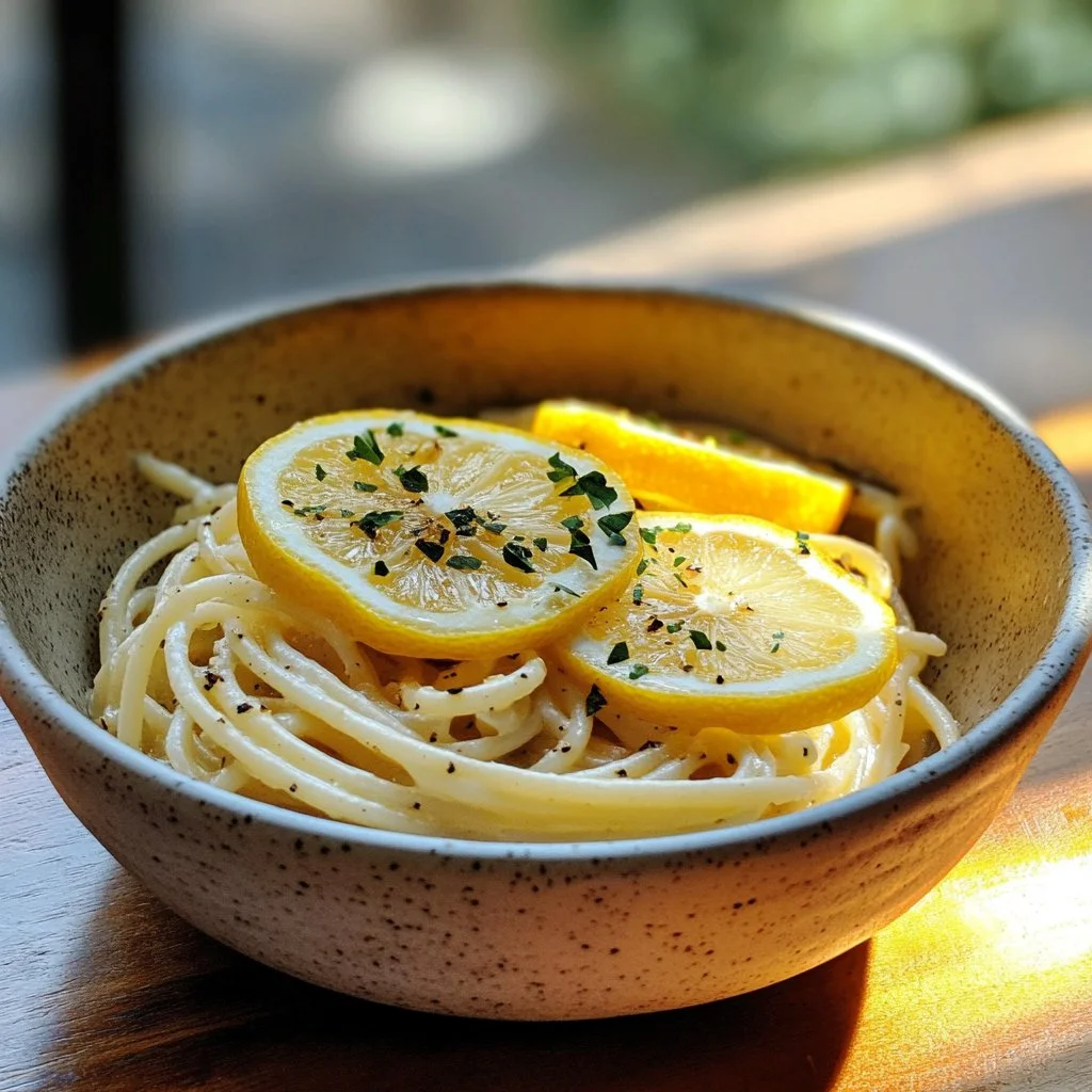 Plate of creamy lemon pasta garnished with parsley and lemon zest