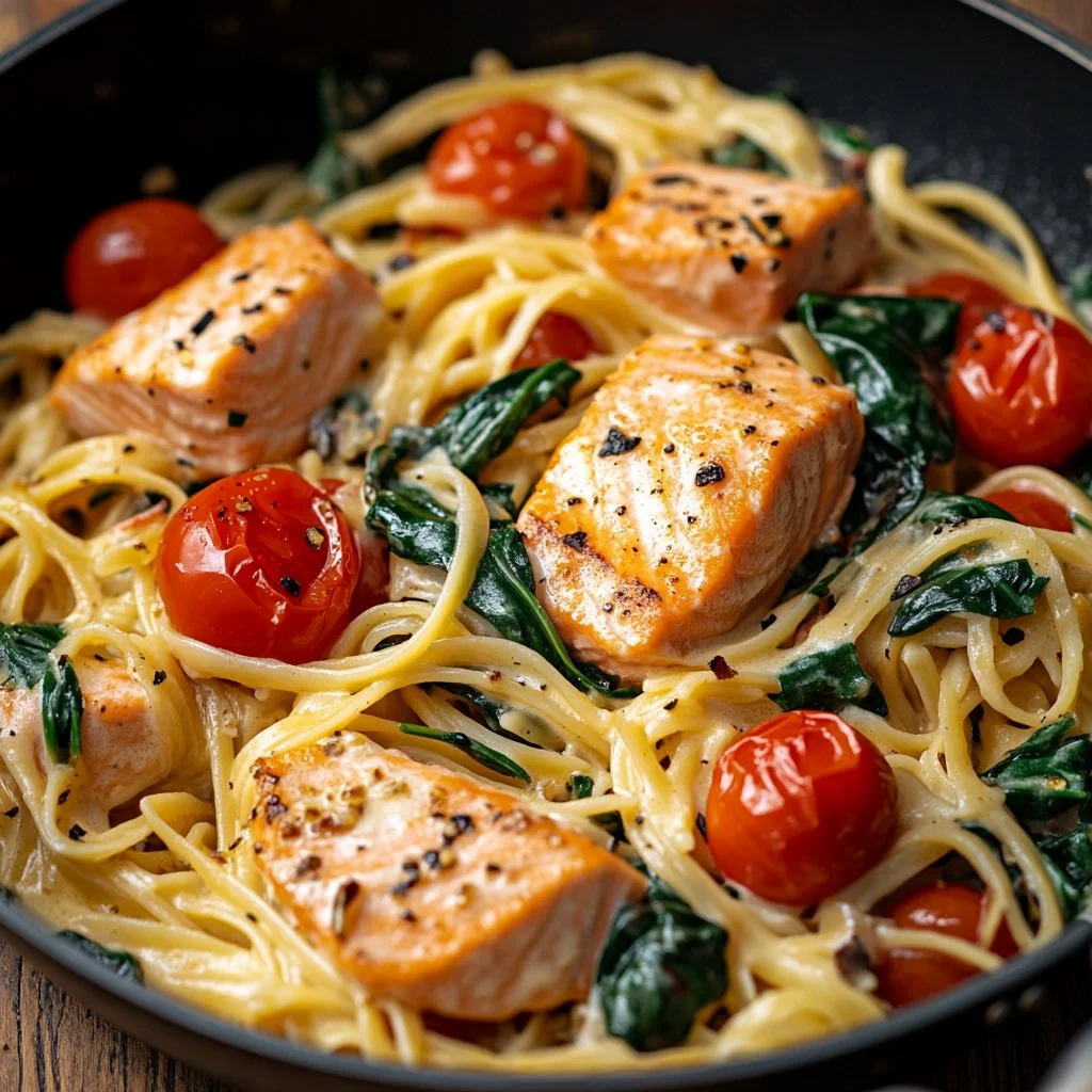 Creamy salmon pasta dish with fresh herbs and a rich sauce