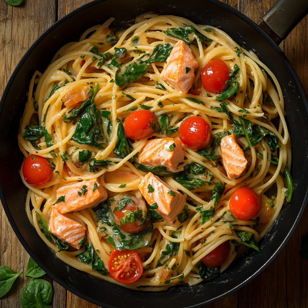 Plate of creamy salmon pasta garnished with herbs and lemon slices