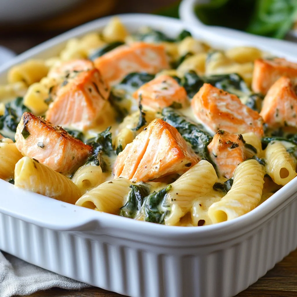 Creamy salmon pasta dish topped with herbs and served in a white bowl.