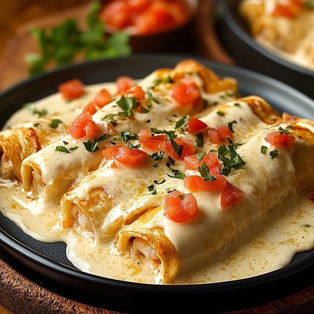 Creamy shrimp enchiladas topped with sauce and cheese