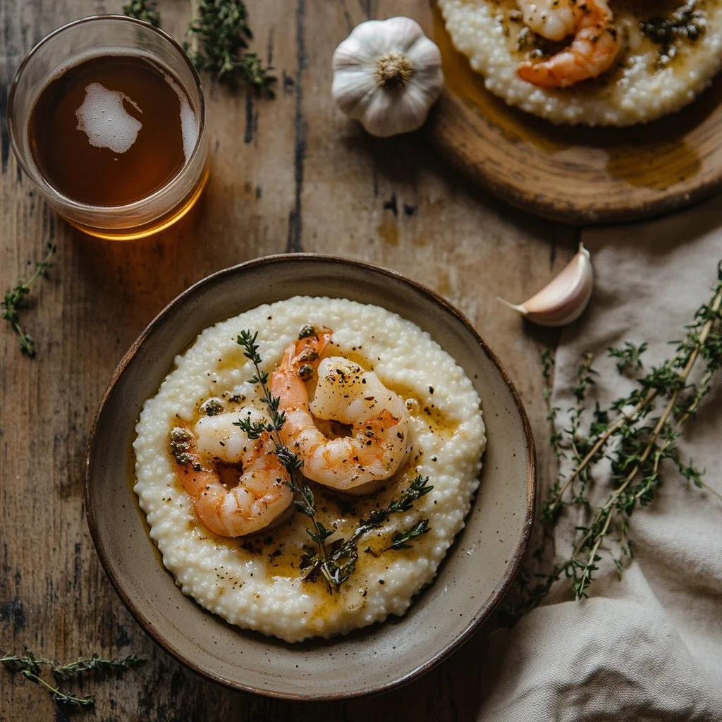 Creamy Southern grits topped with Cajun-spiced shrimp in a delicious bowl.