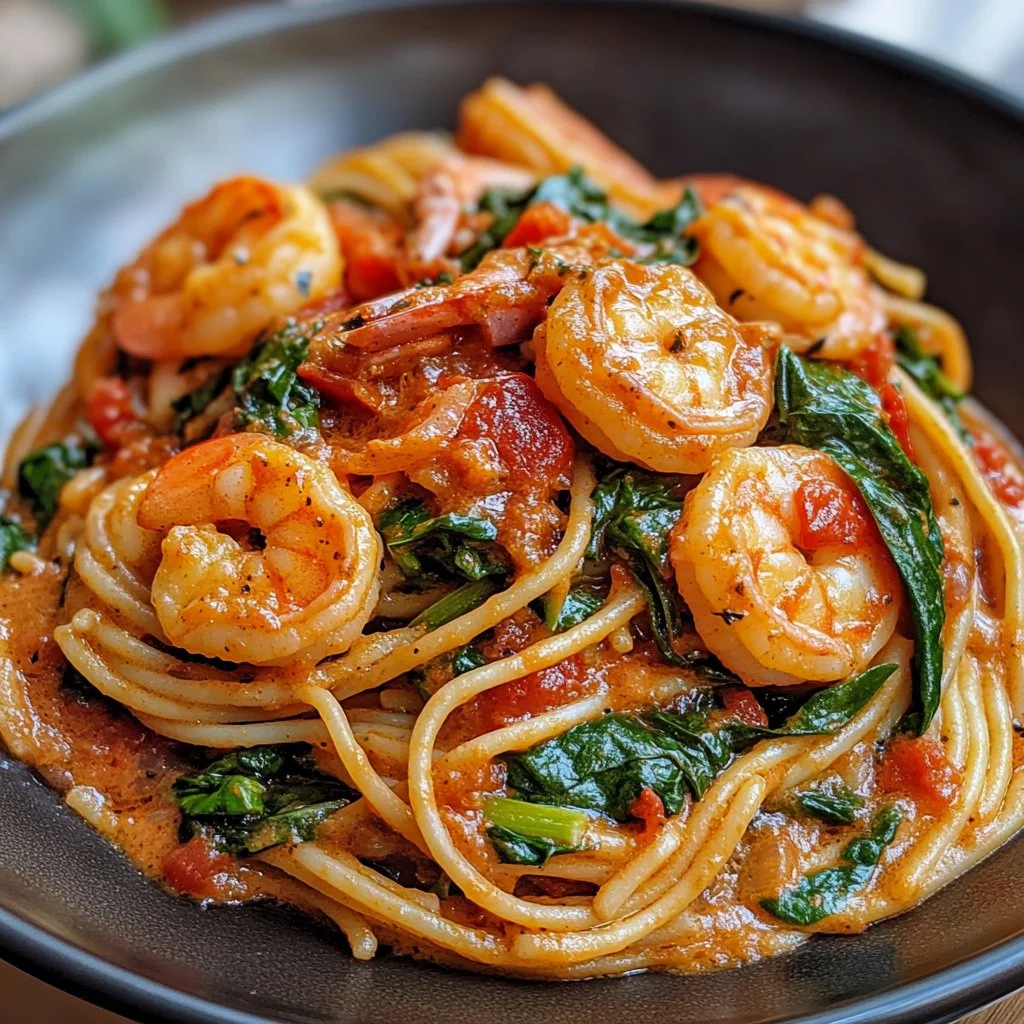 Creamy tomato spinach shrimp pasta served in a bowl garnished with herbs
