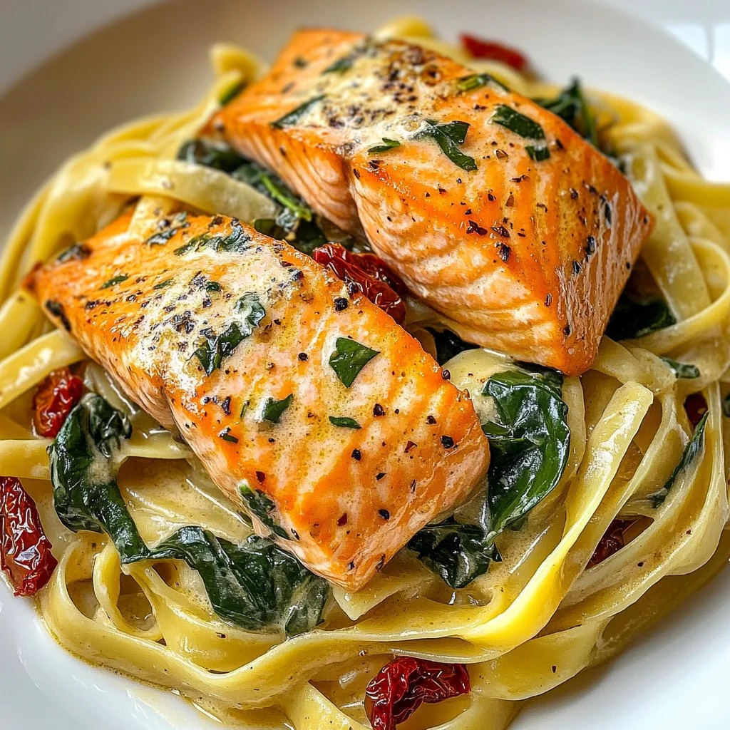 Creamy Tuscan salmon pasta garnished with fresh herbs and vegetables