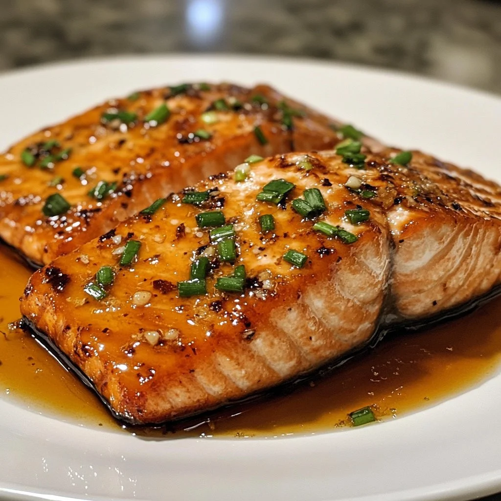 Crispy honey garlic glazed salmon fillet with a golden caramelized surface