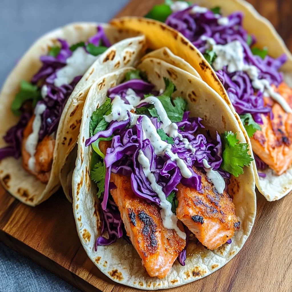 Crispy salmon tacos topped with fresh ingredients and served in a soft tortilla