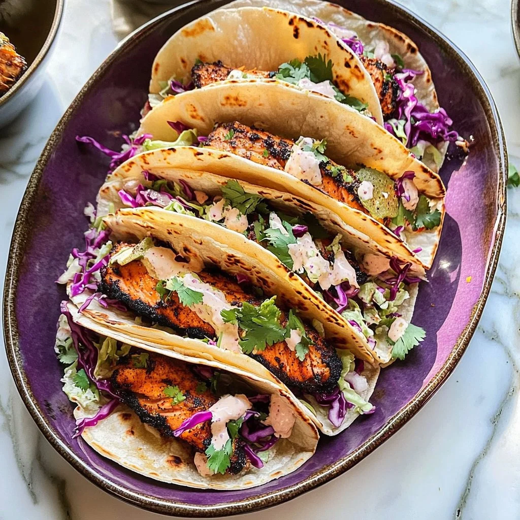 Crunchy blackened salmon tacos served with serrano slaw garnished with lime.