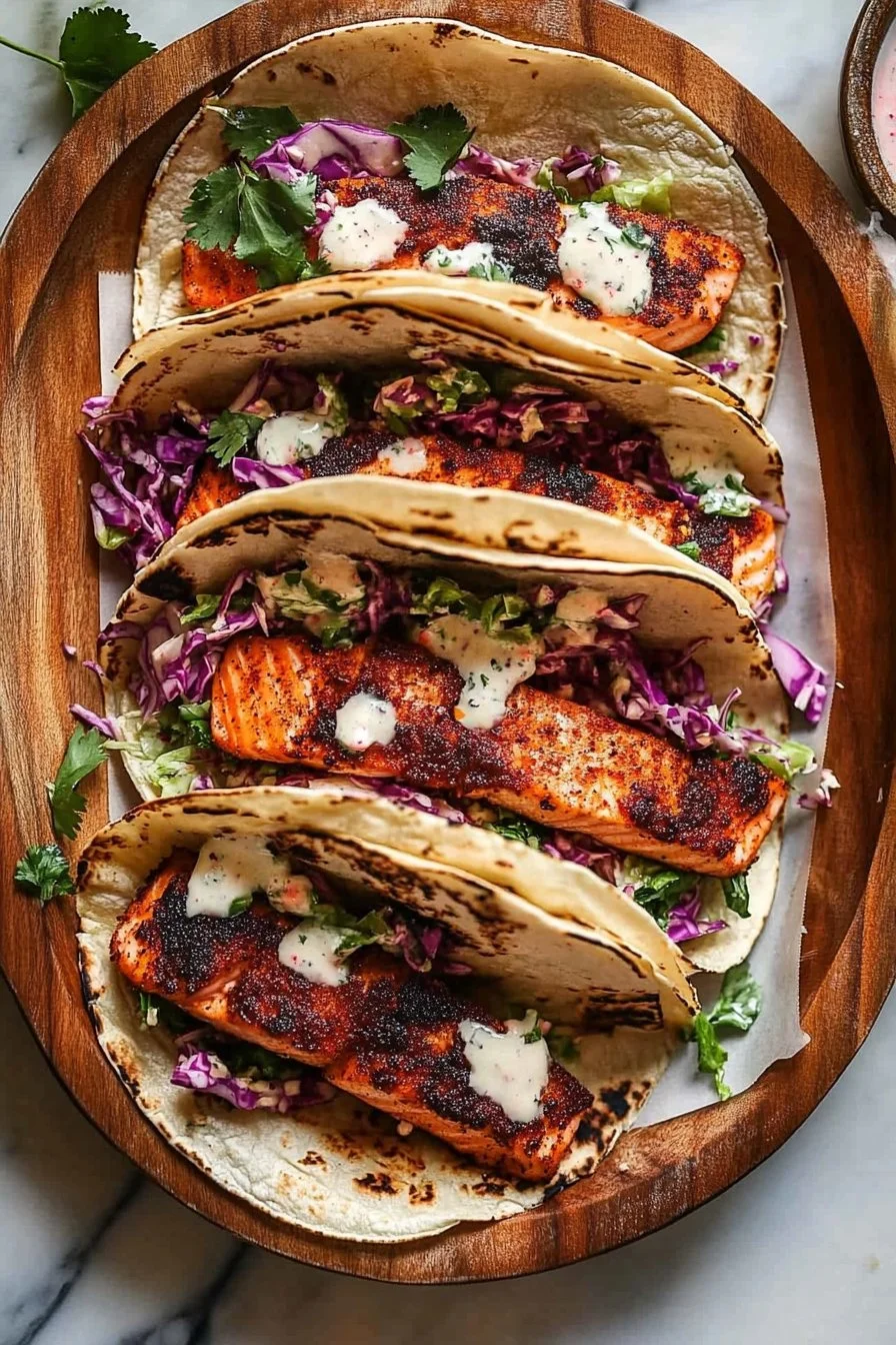 Crunchy Blackened Salmon Tacos with Serrano Slaw