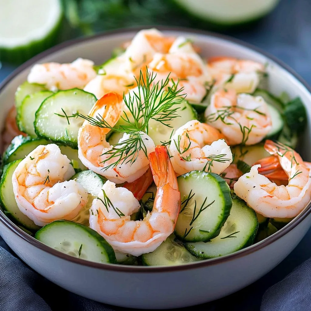 Delicious Cucumber Shrimp Salad garnished with fresh herbs and served in a bowl