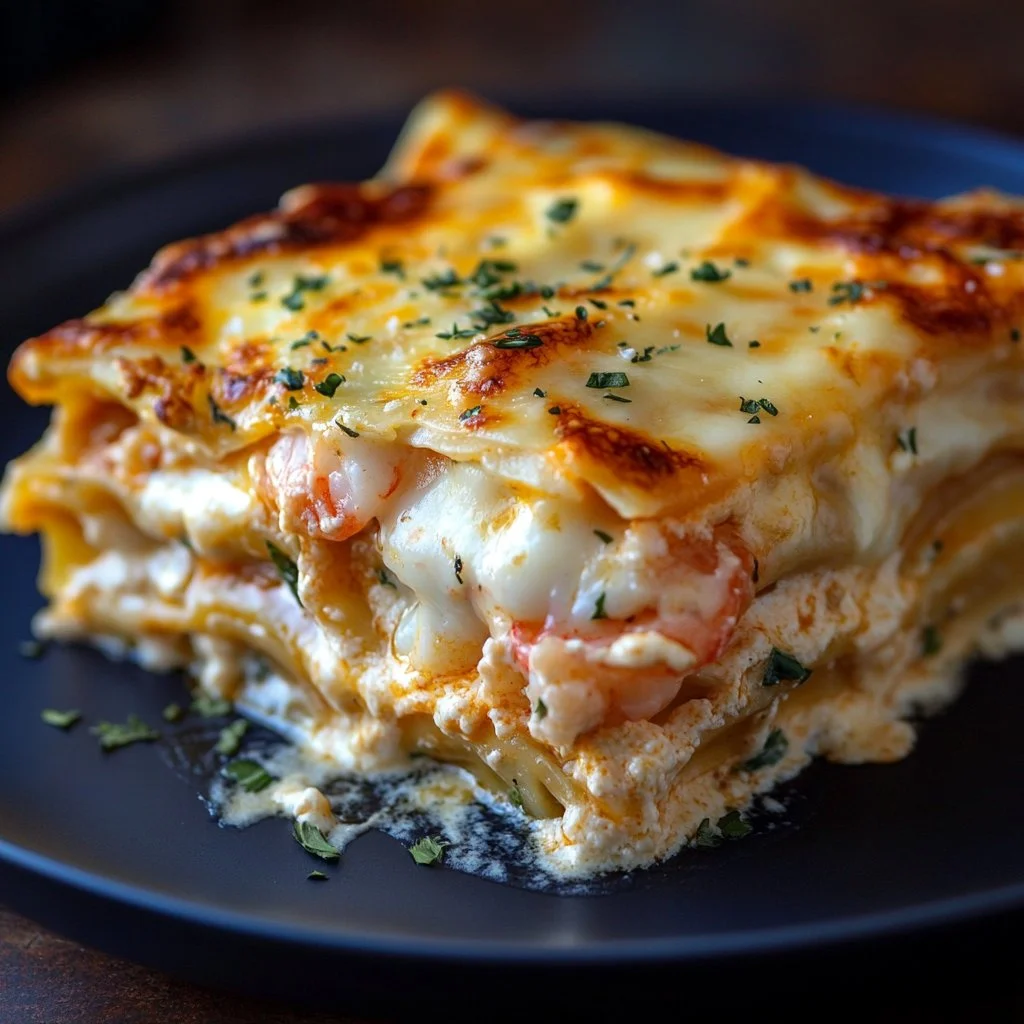 Delicious seafood lasagna topped with shrimp and crab, perfect for gourmet dinners.