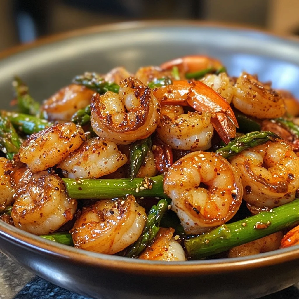 Healthy shrimp stir fry with asparagus on a plate ready to serve