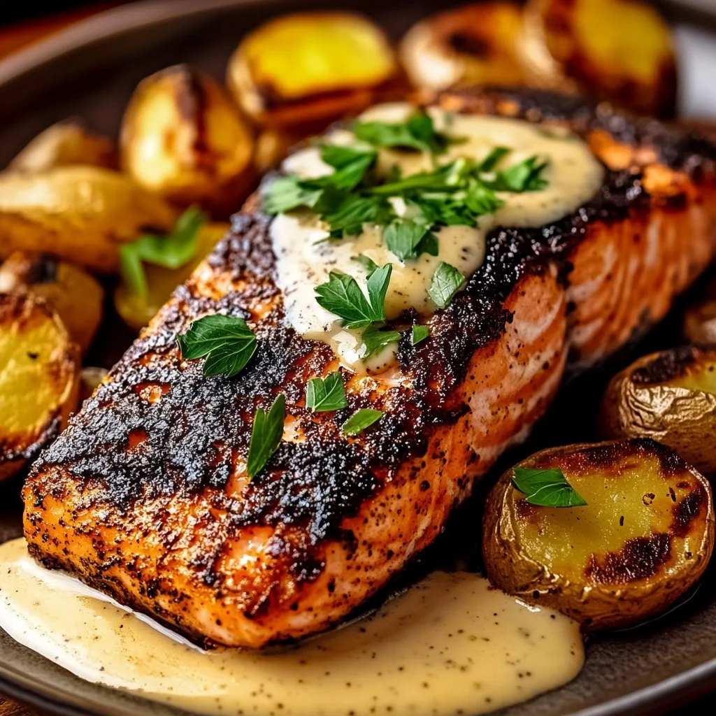 A delicious plate of easy blackened salmon topped with creamy Dijon sauce.