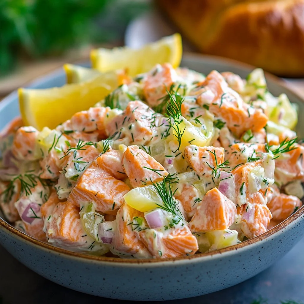 Delicious easy canned salmon salad served in a bowl with fresh ingredients.