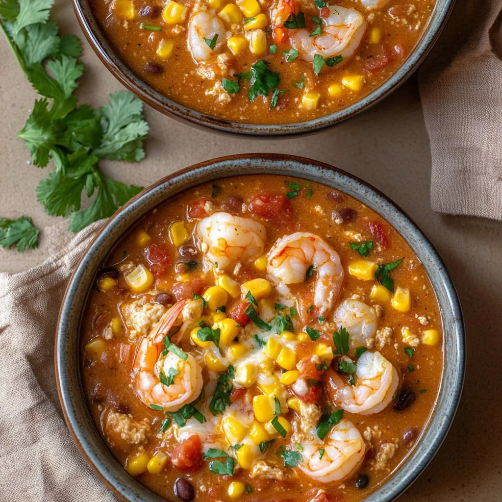 Bowl of easy creamy seafood and shrimp chili garnished with herbs