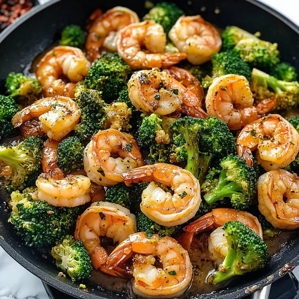 Plate of easy garlic butter shrimp with broccoli