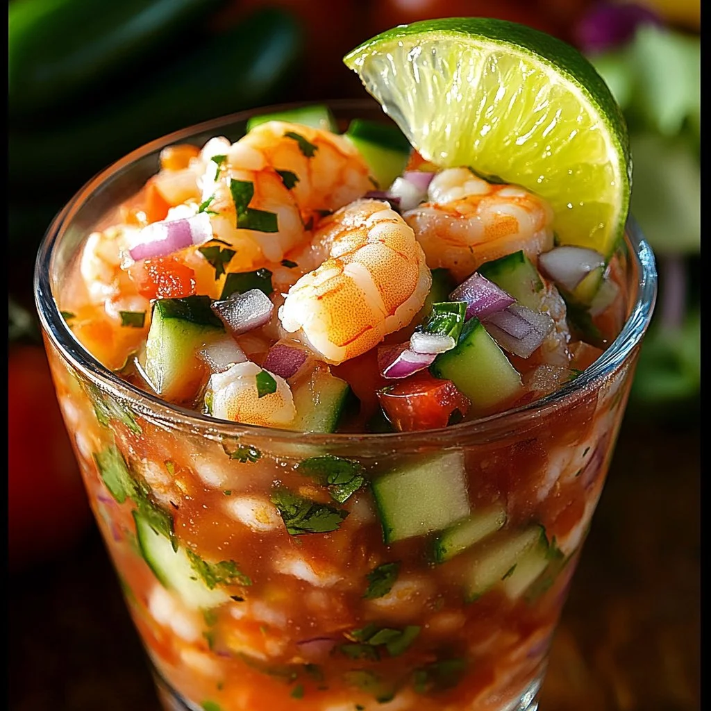Delicious Mexican shrimp cocktail served in a glass with fresh lime and chopped veggies.