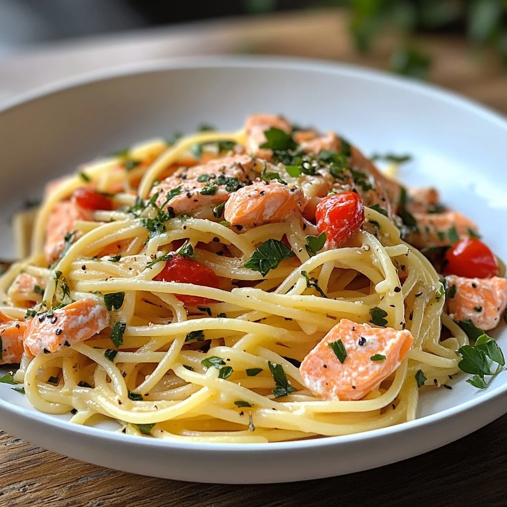 Plate of easy salmon pasta with herbs and lemon slices